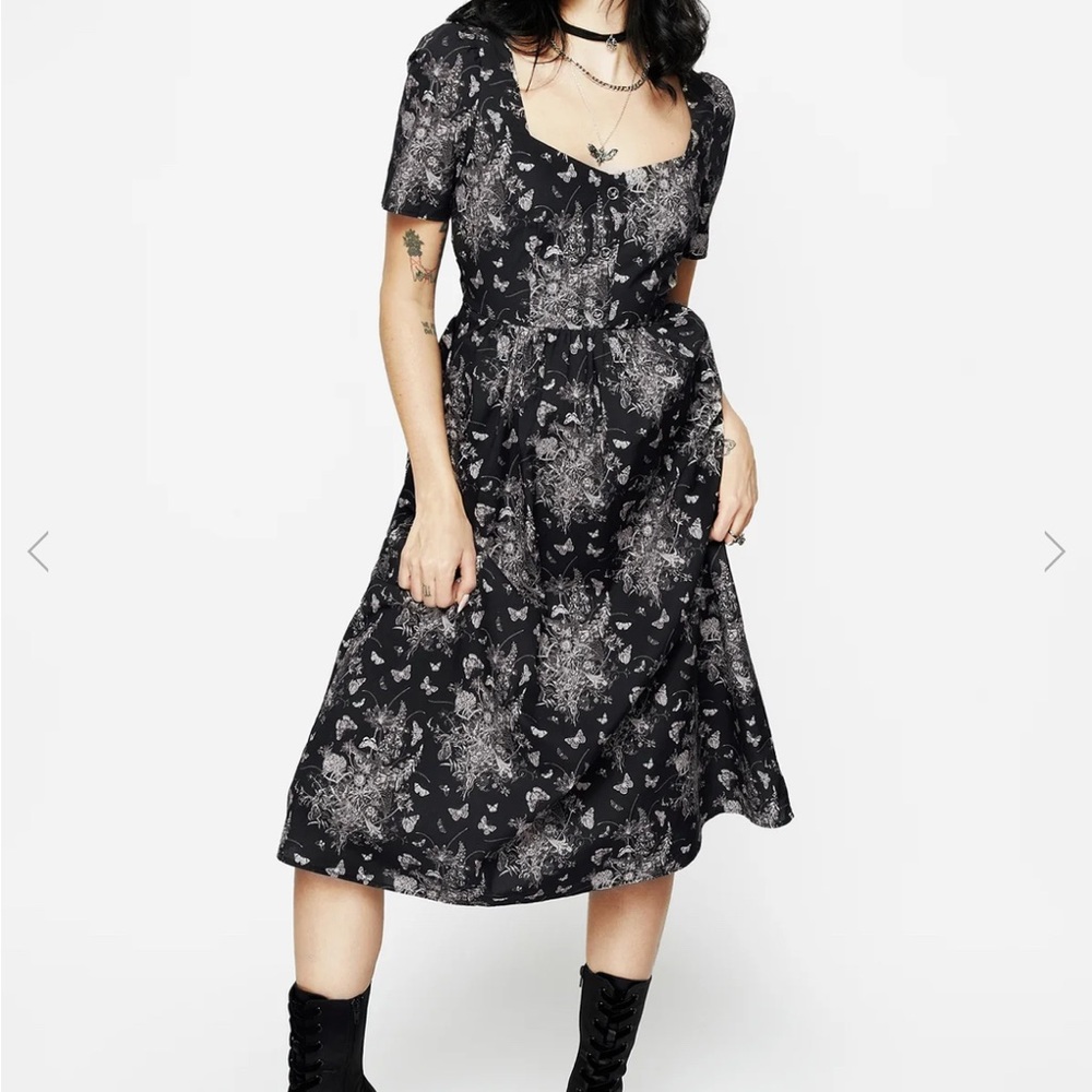 Black butterfly/moth print midi dress